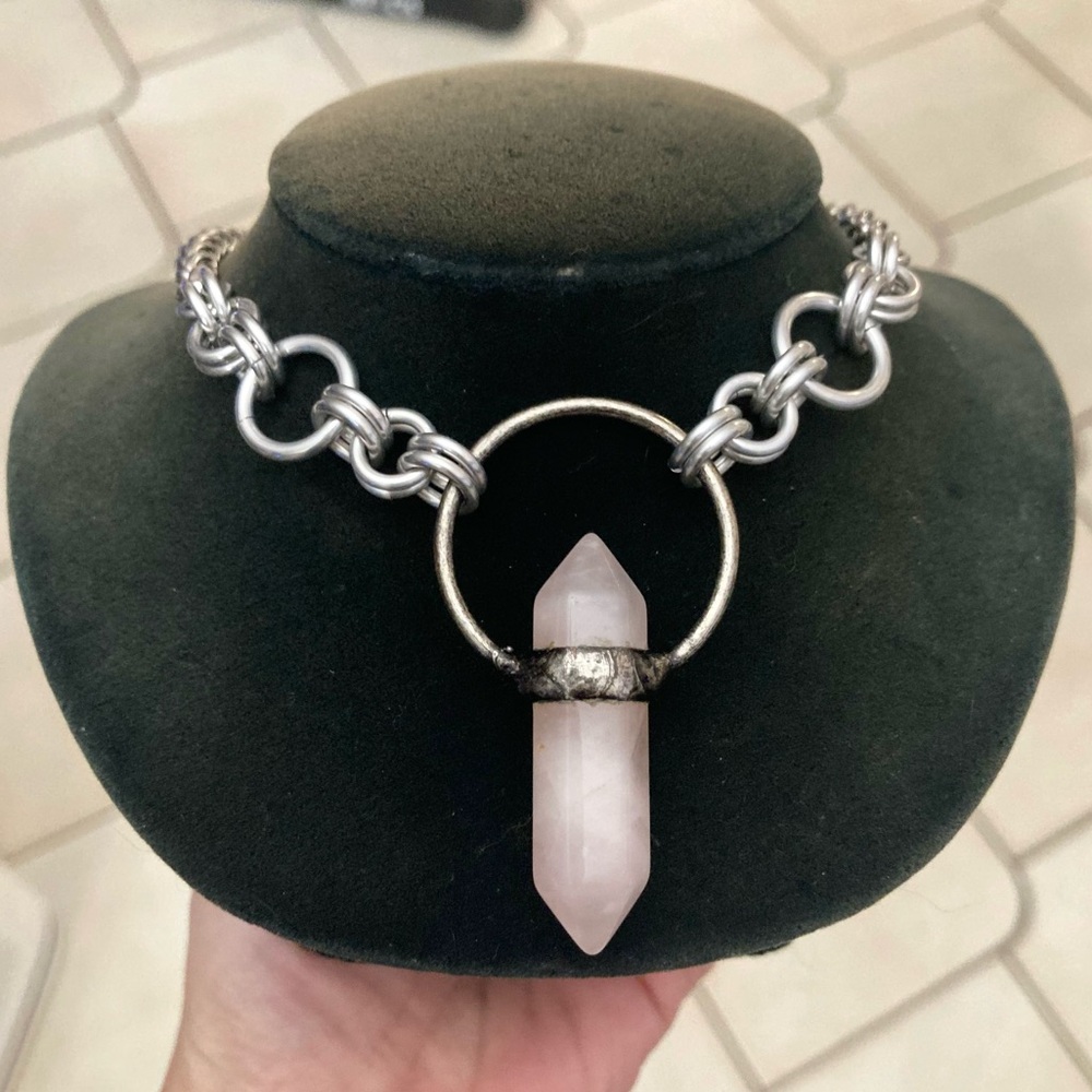 Handmade pink quartz stone maille stainless steel necklace choker boho goth - Picture 2 of 15